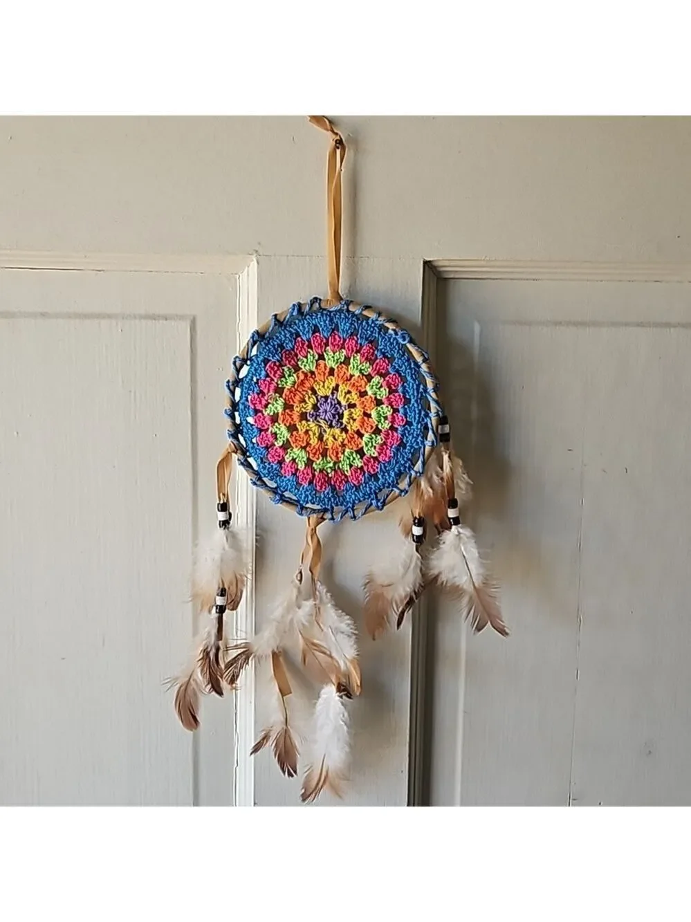 Hand Crafted crochet dreamcatcher multicolored floral eclectic textile decor